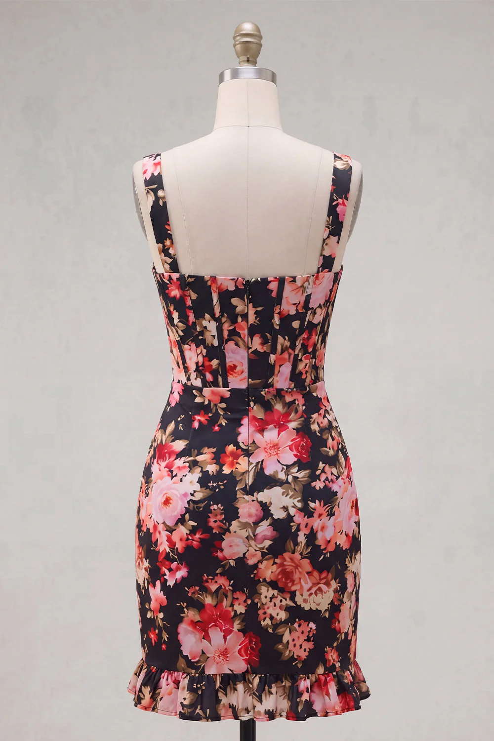 Black Pink Flower Corset Bodycon Short Wide Straps Cocktail Dress - Image 2