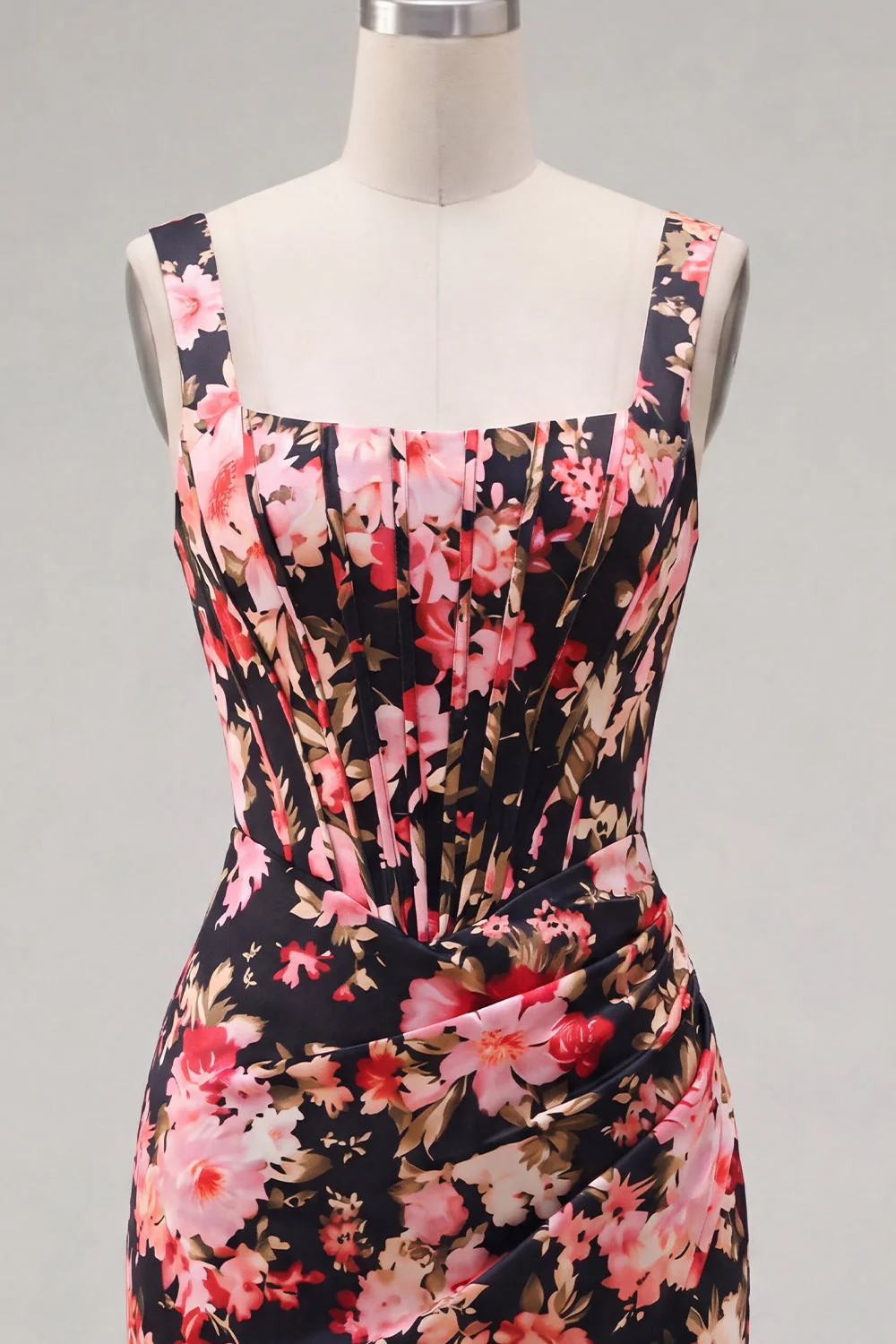 Black Pink Flower Corset Bodycon Short Wide Straps Cocktail Dress - Image 5