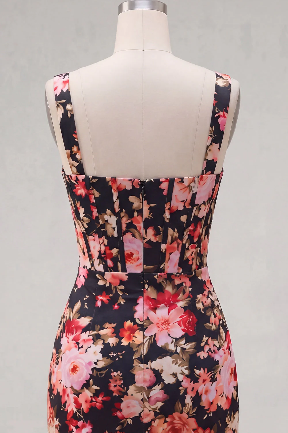 Black Pink Flower Corset Bodycon Short Wide Straps Cocktail Dress - Image 6
