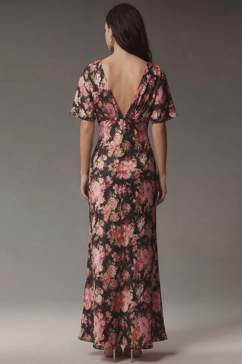 Black Pink Flower Sheath V Neck Satin Midi Dress with Short Sleeves - Image 2