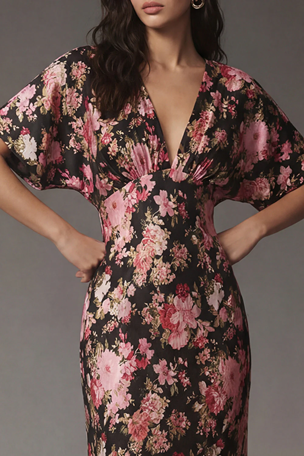 Black Pink Flower Sheath V Neck Satin Midi Dress with Short Sleeves - Image 3