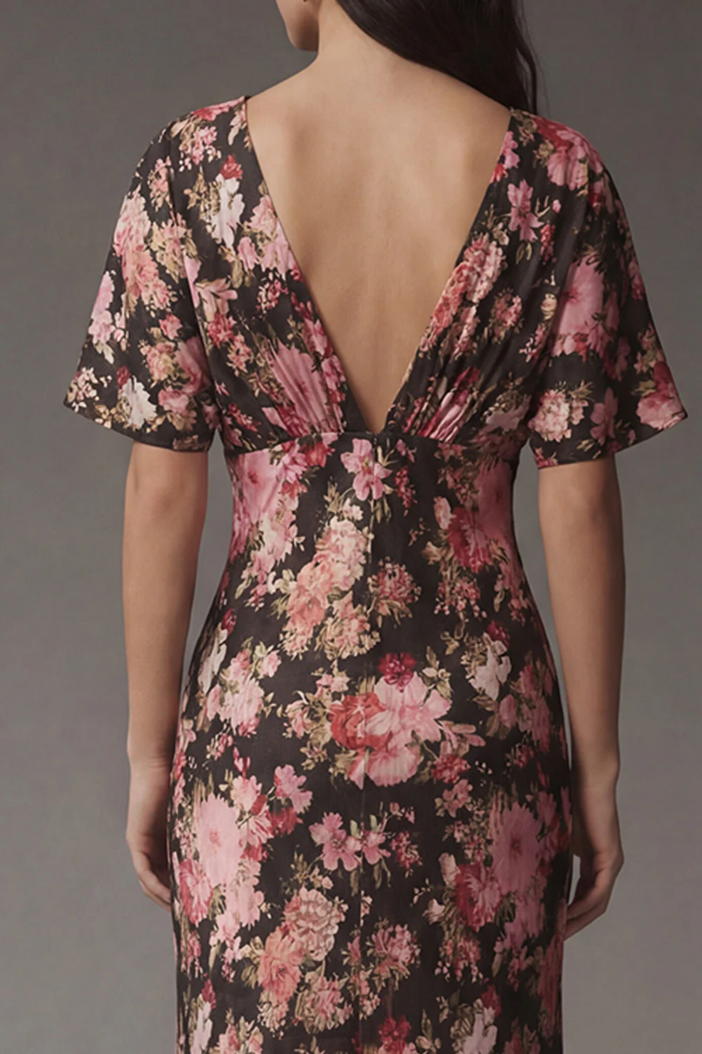 Black Pink Flower Sheath V Neck Satin Midi Dress with Short Sleeves - Image 4