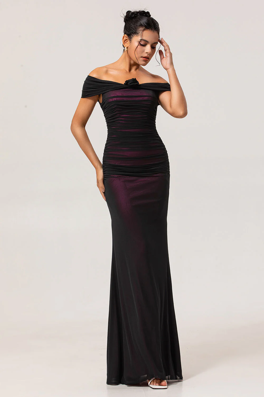 Black Pink Off the Shoulder Sheath Long Bridesmaid Dress - Image 3