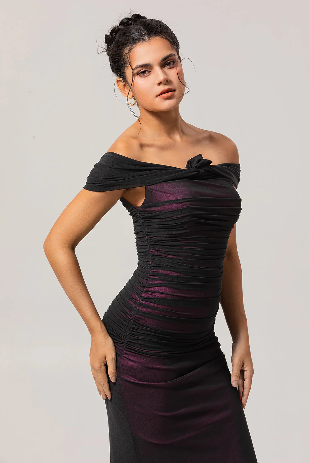 Black Pink Off the Shoulder Sheath Long Bridesmaid Dress - Image 4