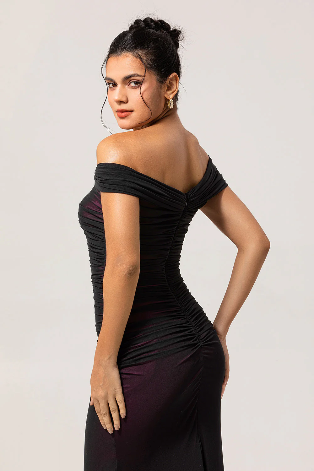 Black Pink Off the Shoulder Sheath Long Bridesmaid Dress - Image 5