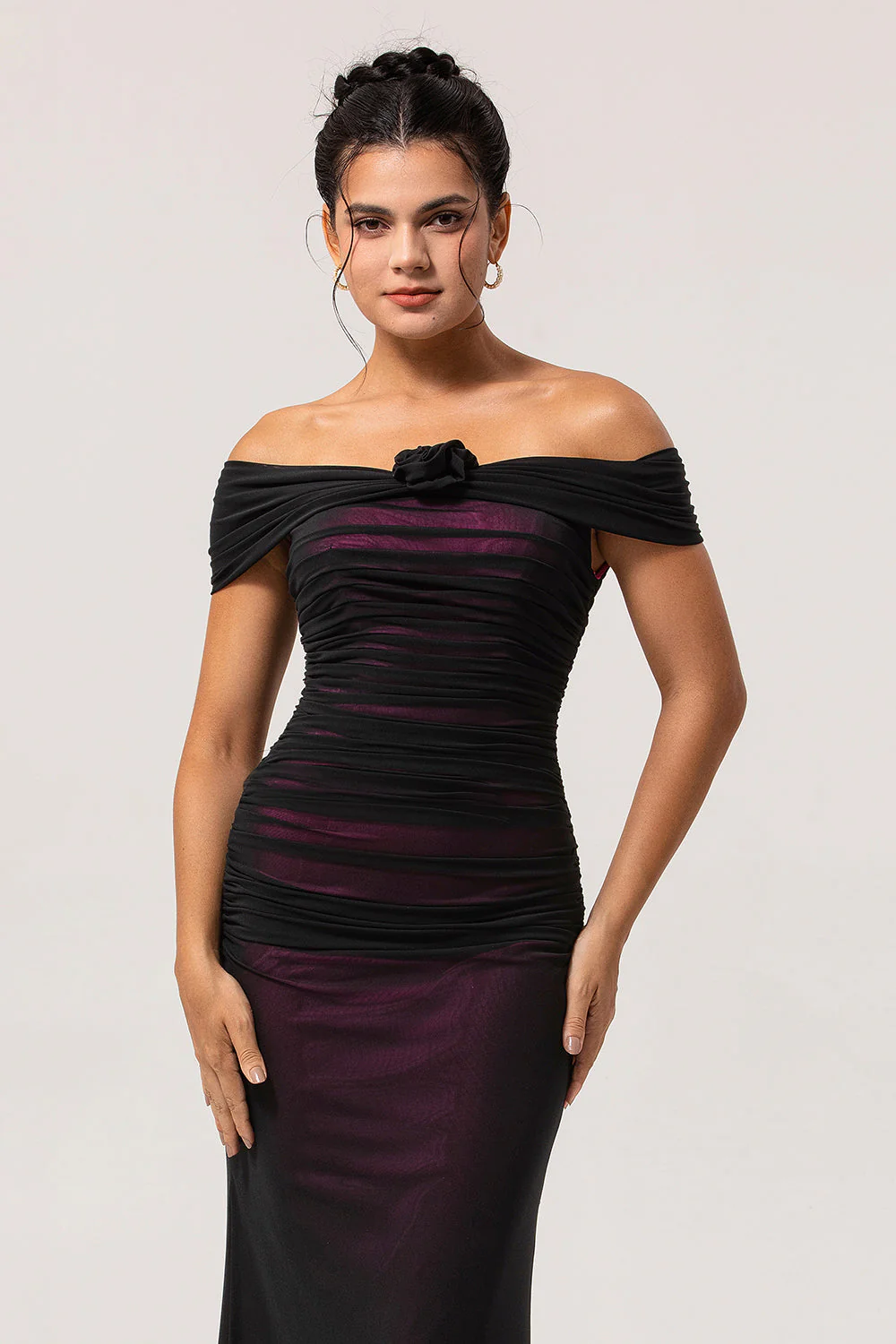 Black Pink Off the Shoulder Sheath Long Bridesmaid Dress - Image 6