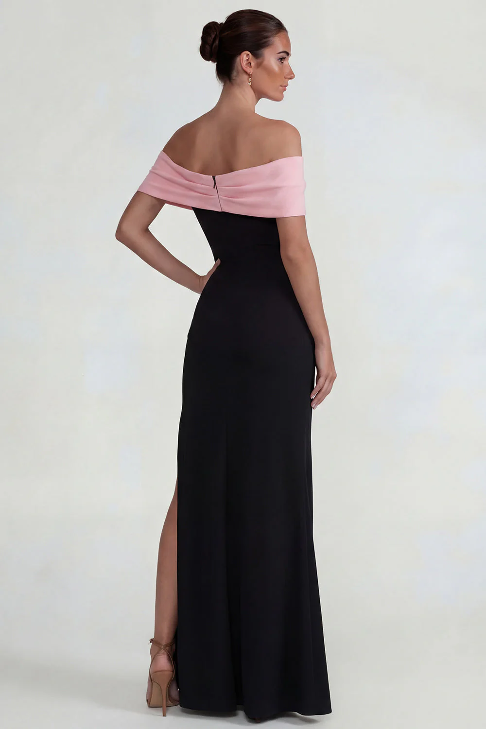 Off the Shoulder Sheath Black Pink Long Evening Dress with Slit - Image 2