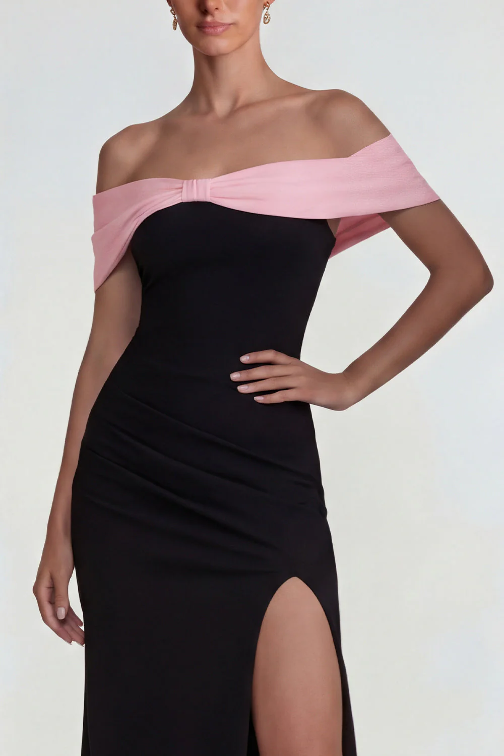 Off the Shoulder Sheath Black Pink Long Evening Dress with Slit - Image 3
