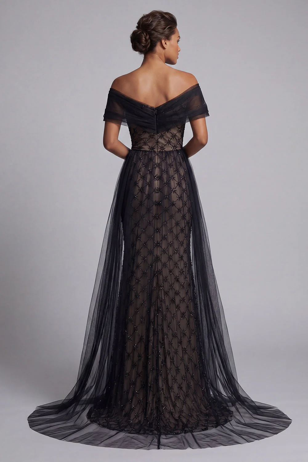 Black Mermaid Off The Shoulder Beaded Long Mother Of the Bride Dress with Cape - Image 2