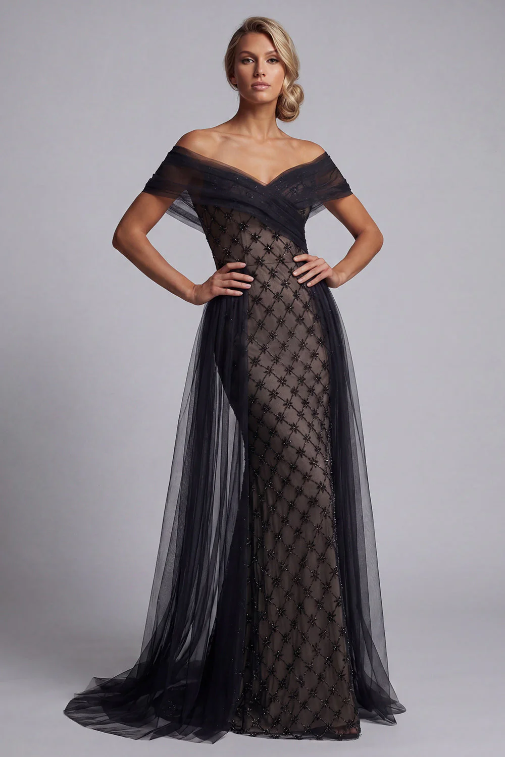 Black Mermaid Off The Shoulder Beaded Long Mother Of the Bride Dress with Cape - Image 3