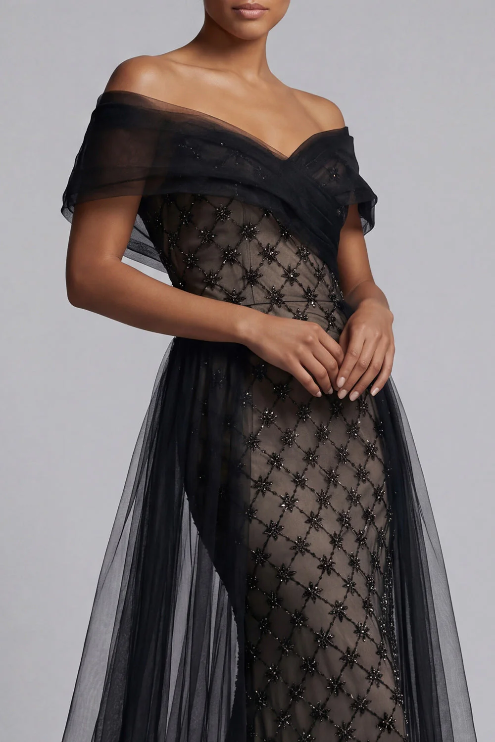 Black Mermaid Off The Shoulder Beaded Long Mother Of the Bride Dress with Cape - Image 4