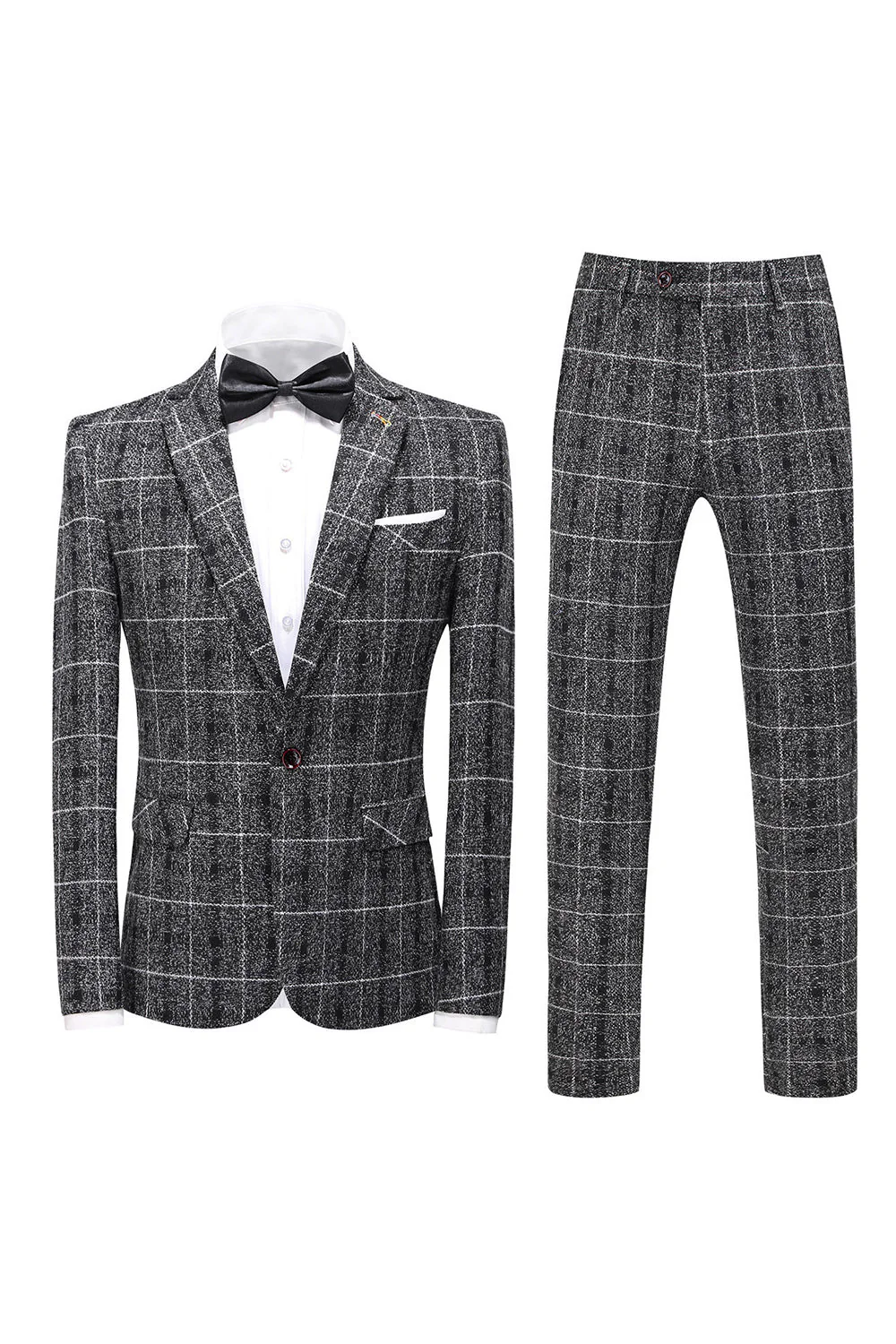 Black Plaid Notched Lapel One Button 3-Piece Men's Formal Suits - Image 2