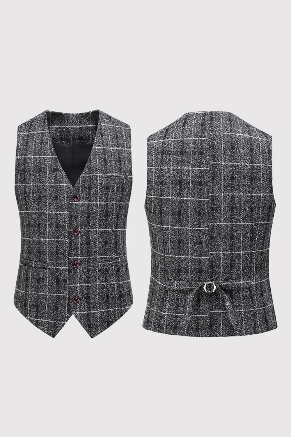 Black Plaid Notched Lapel One Button 3-Piece Men's Formal Suits - Image 3