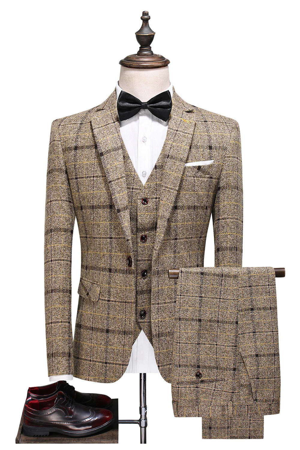 Black Plaid Notched Lapel One Button 3-Piece Men's Formal Suits - Image 4