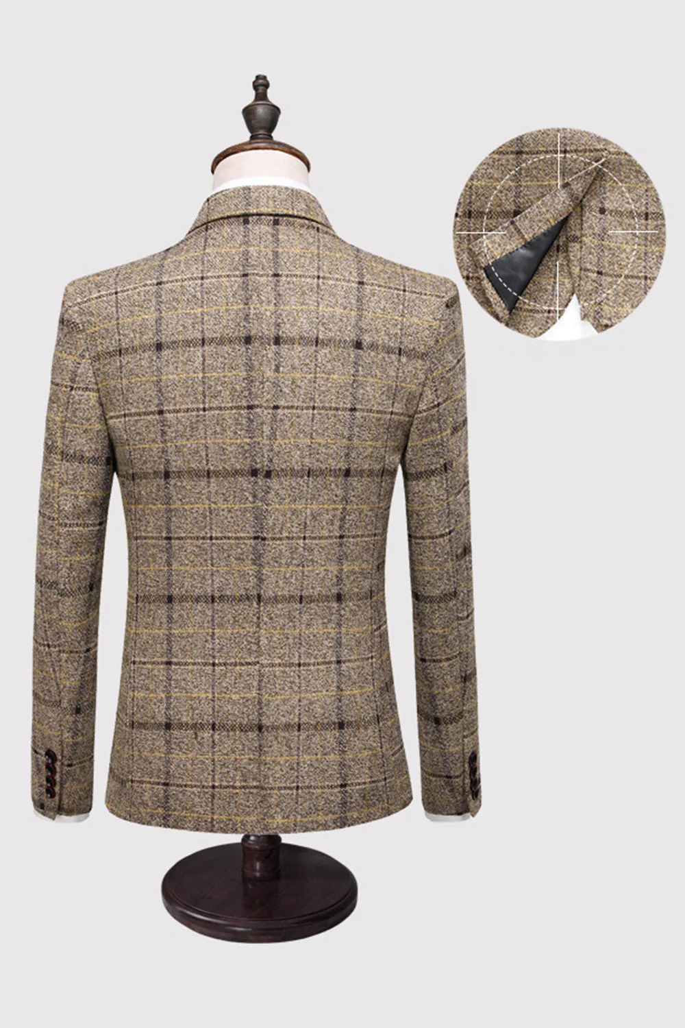 Black Plaid Notched Lapel One Button 3-Piece Men's Formal Suits - Image 5