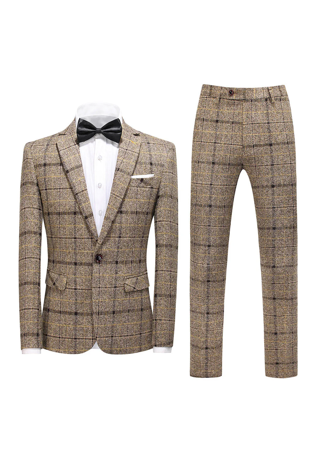 Black Plaid Notched Lapel One Button 3-Piece Men's Formal Suits - Image 6