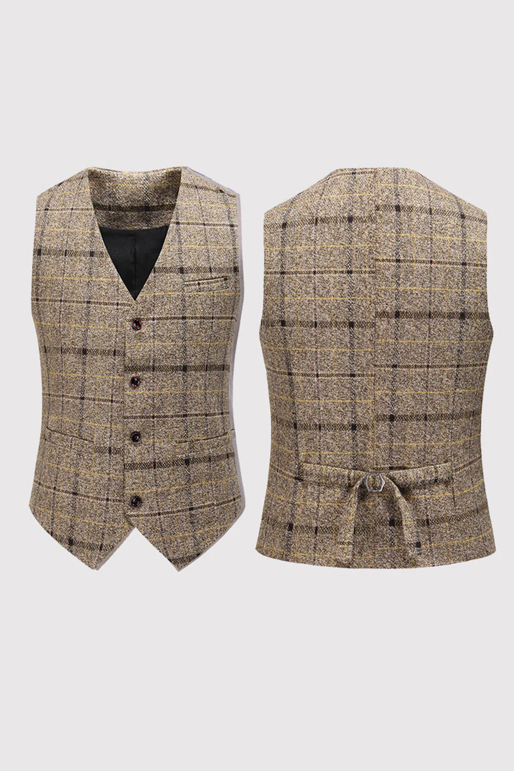 Black Plaid Notched Lapel One Button 3-Piece Men's Formal Suits - Image 7