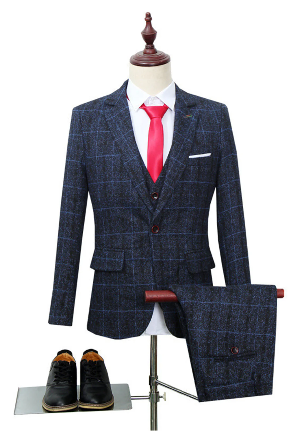 Black Plaid Notched Lapel One Button 3-Piece Men's Formal Suits - Image 8