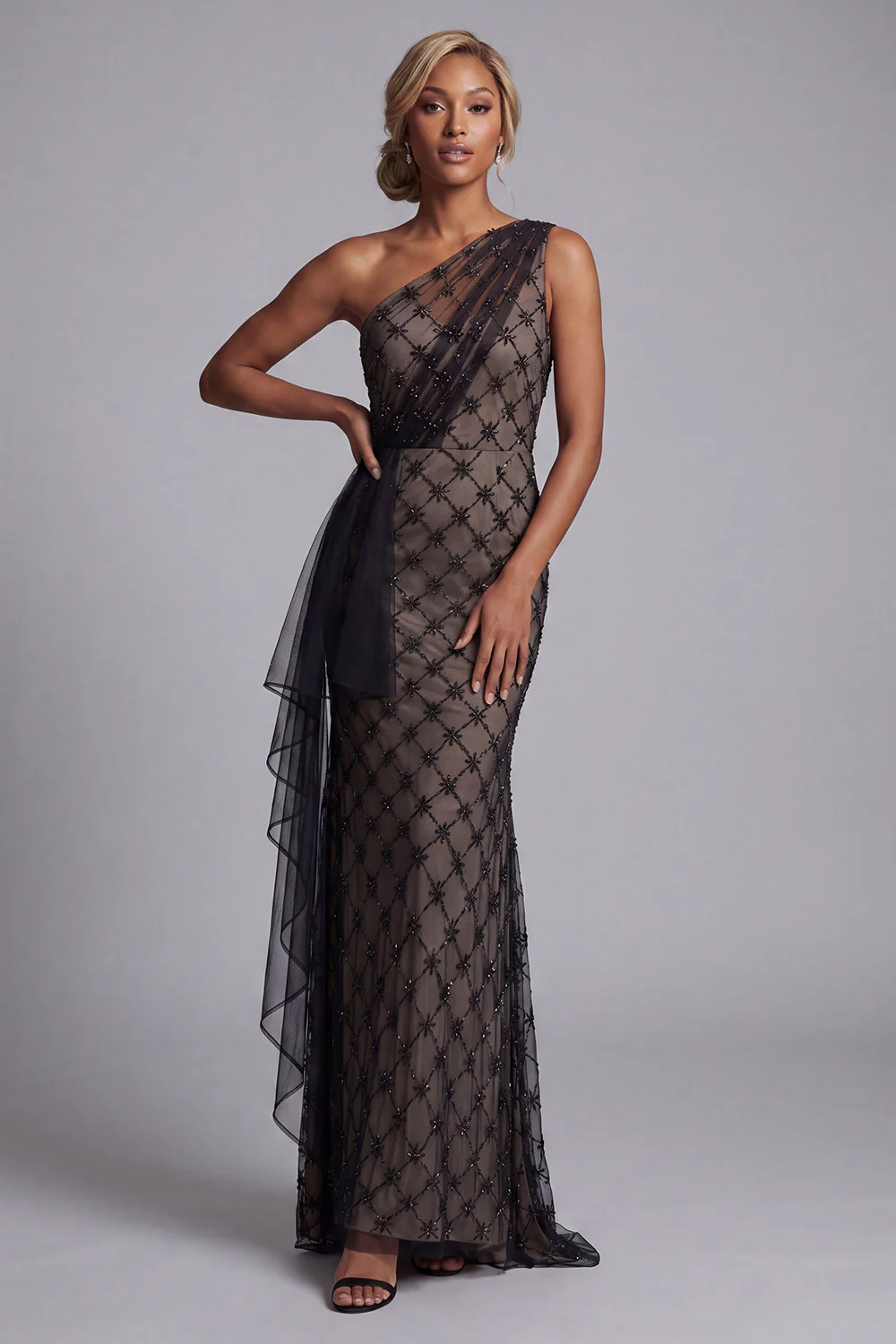Black One Shoulder Mermaid Long Mother Of the Bride Dress with Sash - Image 3