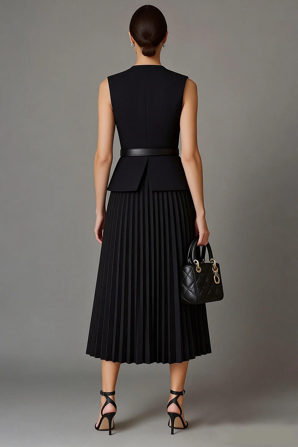 Black Pleated A Line 2 Piece Round Neck Midi Work Dress - Image 2