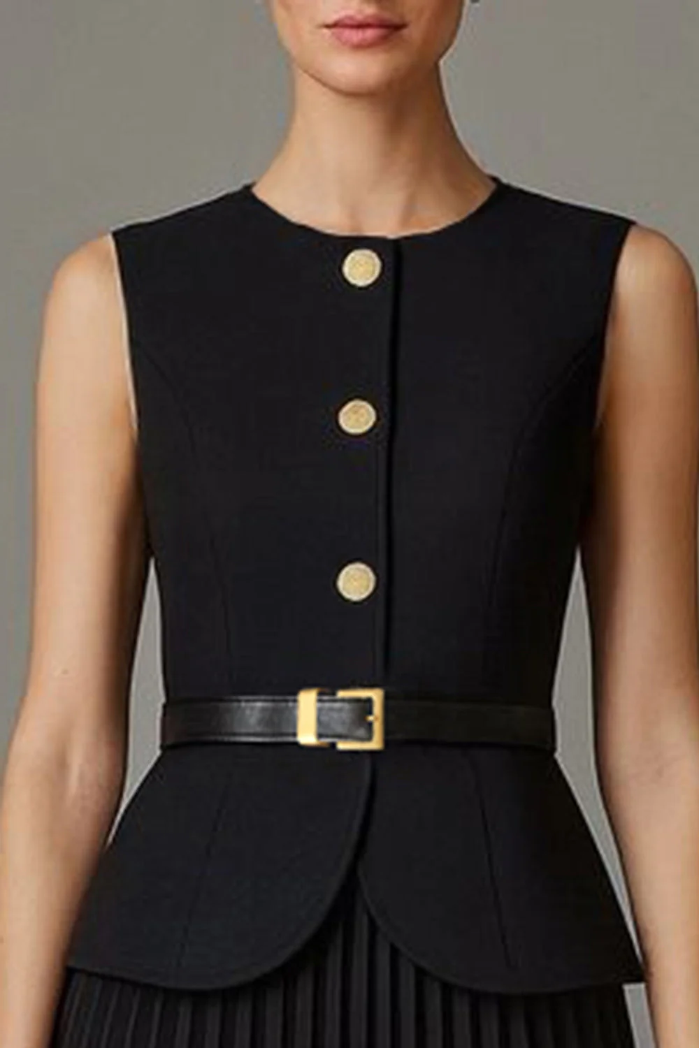 Black Pleated A Line 2 Piece Round Neck Midi Work Dress - Image 3
