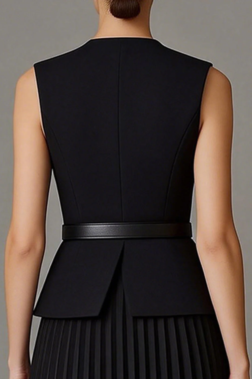 Black Pleated A Line 2 Piece Round Neck Midi Work Dress - Image 4
