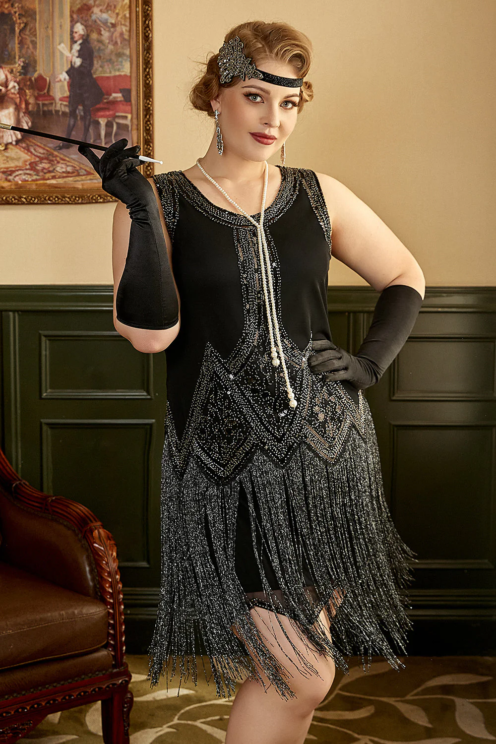 Black Plus Size 1920s Flapper Dress With Fringes - Image 5