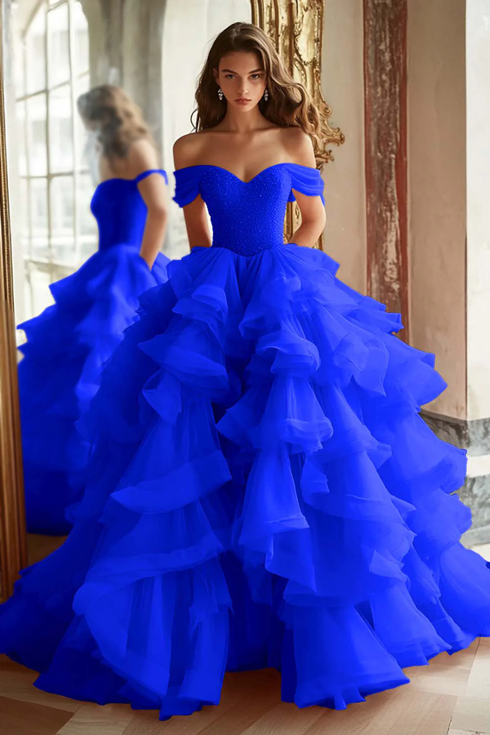 Black Princess Off The Shoulder Tiered Ruffled Long Prom Dress - Image 10