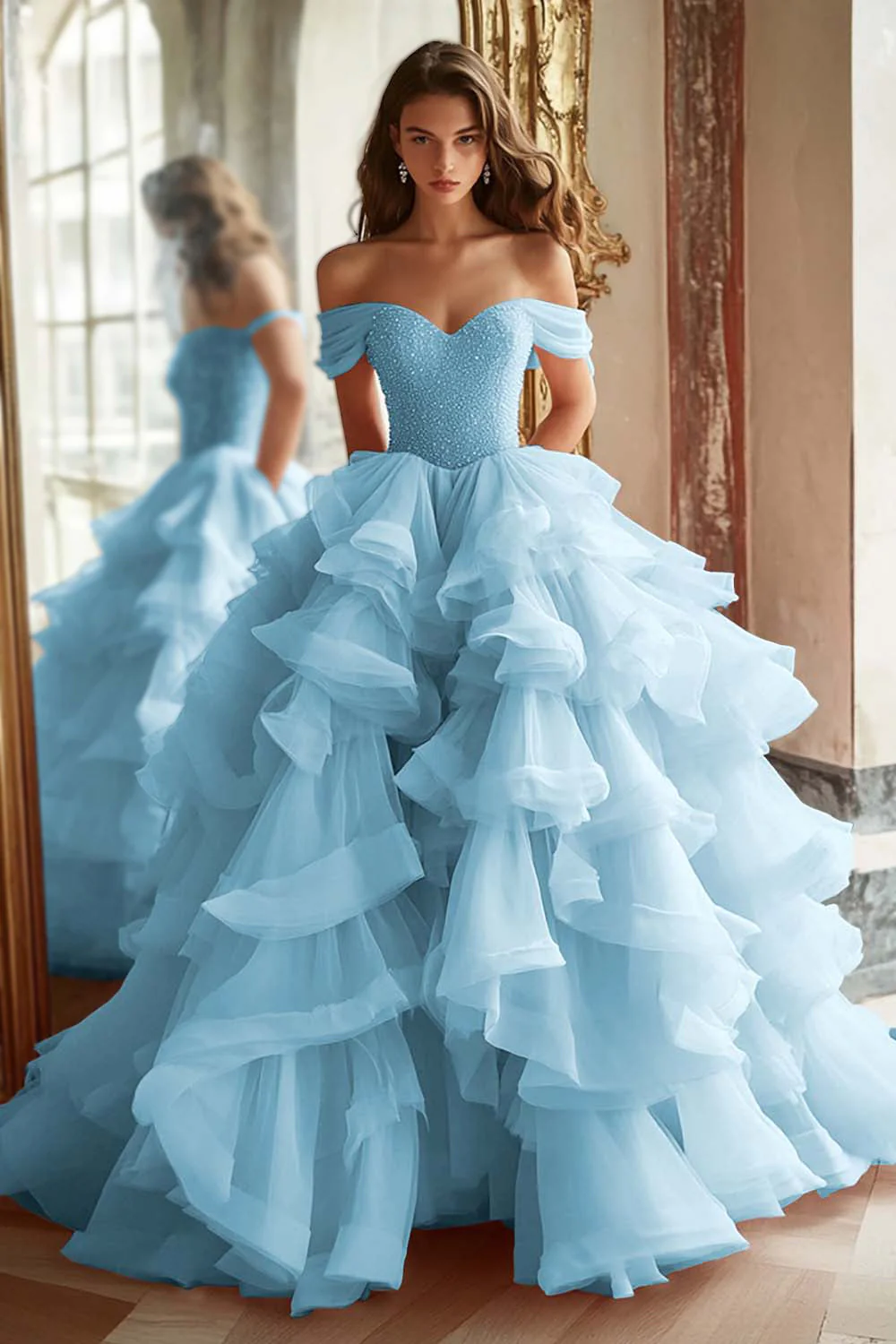 Black Princess Off The Shoulder Tiered Ruffled Long Prom Dress - Image 11