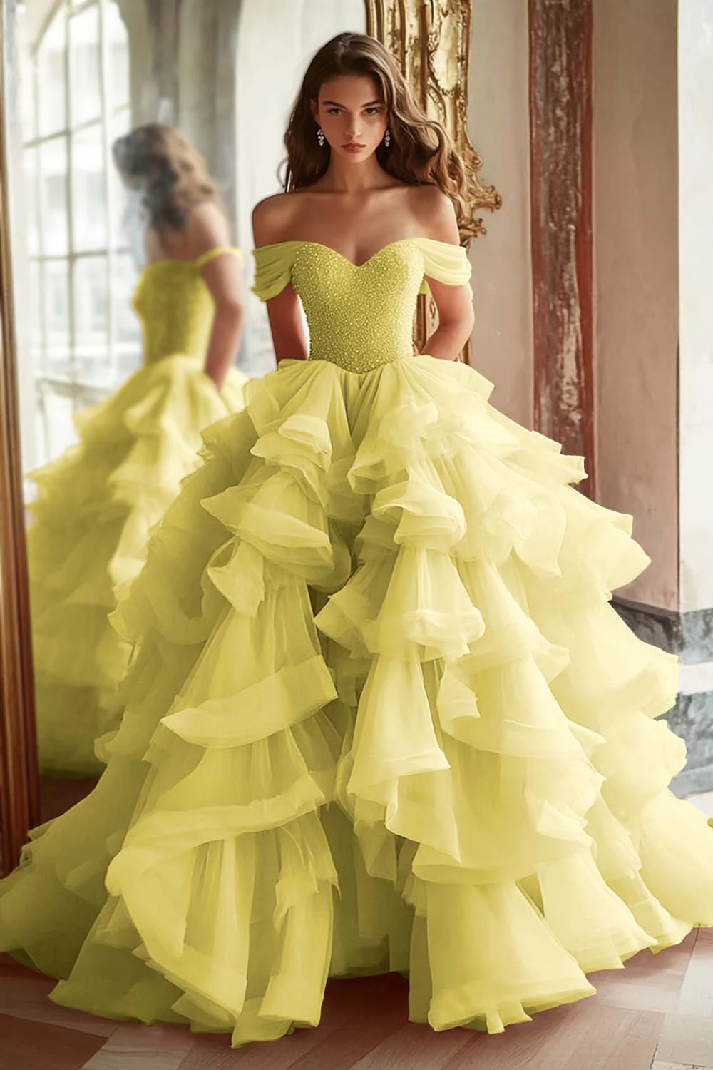 Black Princess Off The Shoulder Tiered Ruffled Long Prom Dress - Image 12