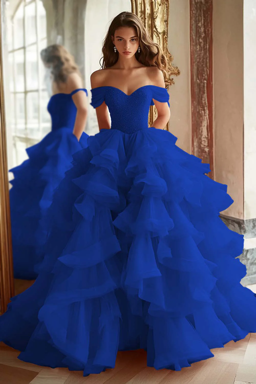 Black Princess Off The Shoulder Tiered Ruffled Long Prom Dress - Image 4