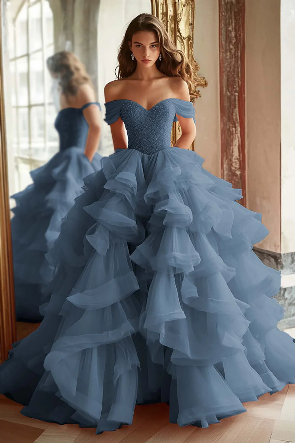 Black Princess Off The Shoulder Tiered Ruffled Long Prom Dress - Image 5