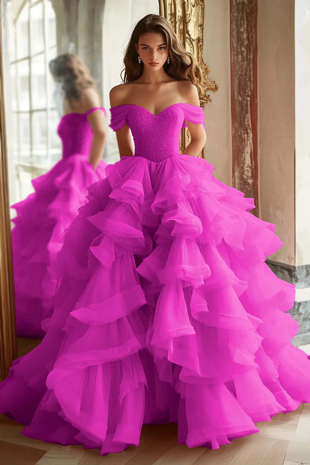 Black Princess Off The Shoulder Tiered Ruffled Long Prom Dress - Image 7