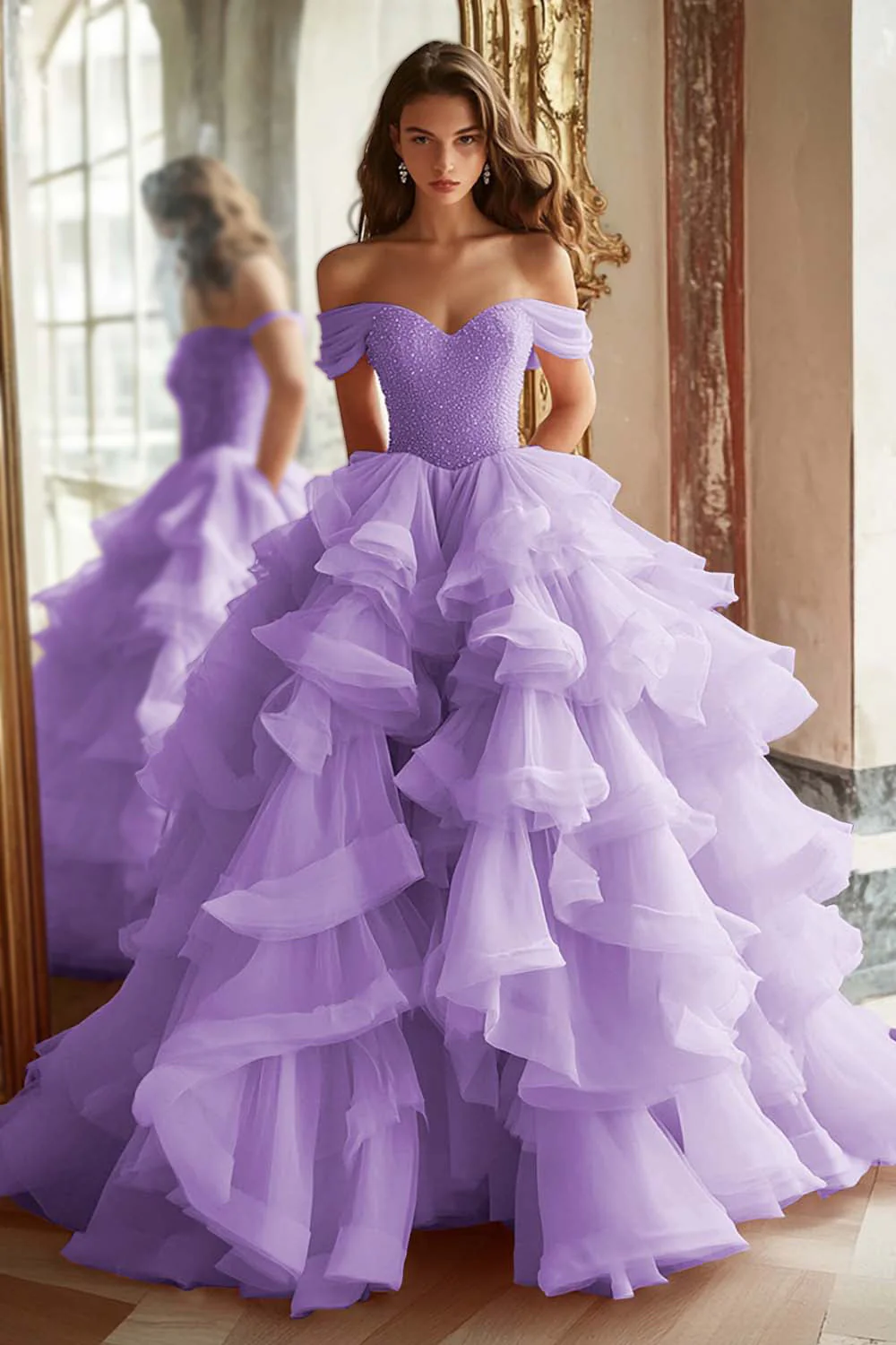 Black Princess Off The Shoulder Tiered Ruffled Long Prom Dress - Image 8