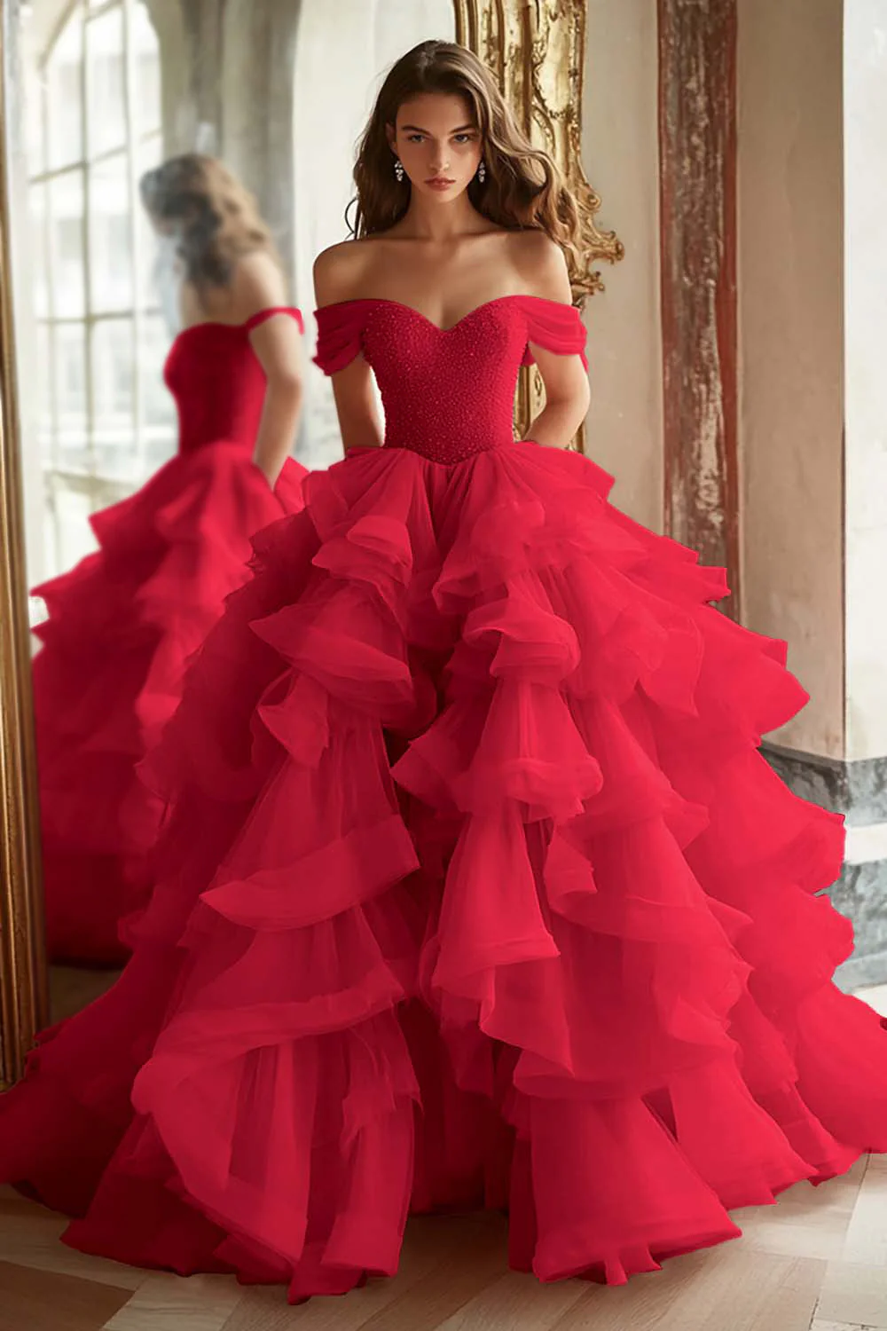Black Princess Off The Shoulder Tiered Ruffled Long Prom Dress - Image 9