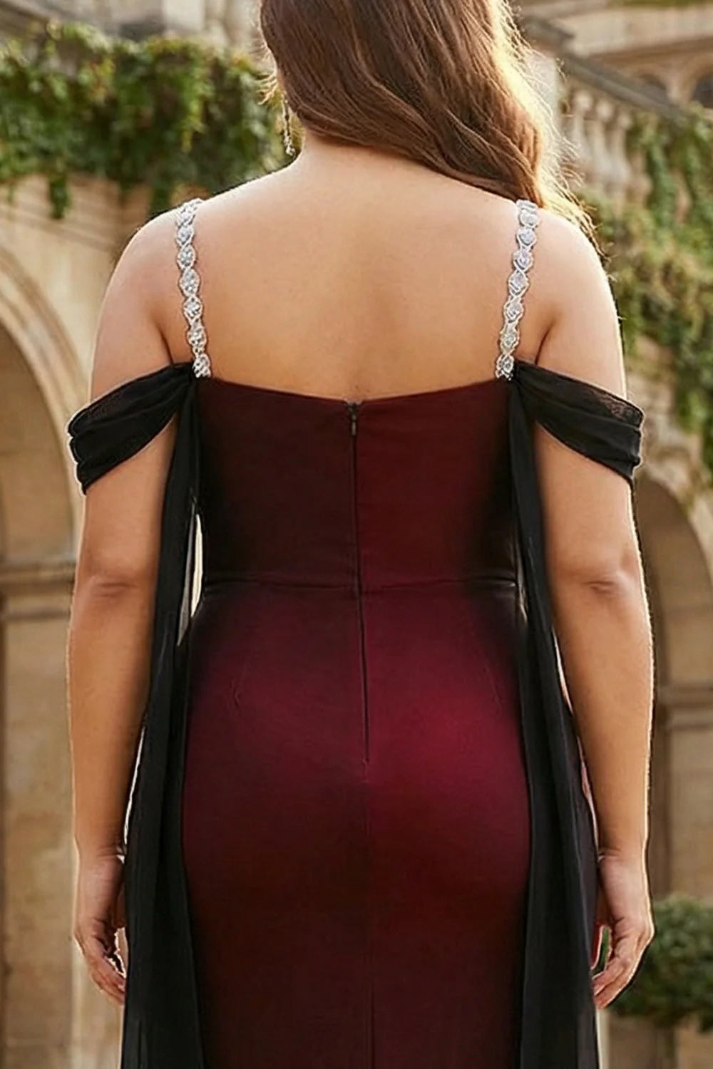 Black Red Cold Shoulder Sheath Long Plus Size Bridesmaid Dress - Image 4