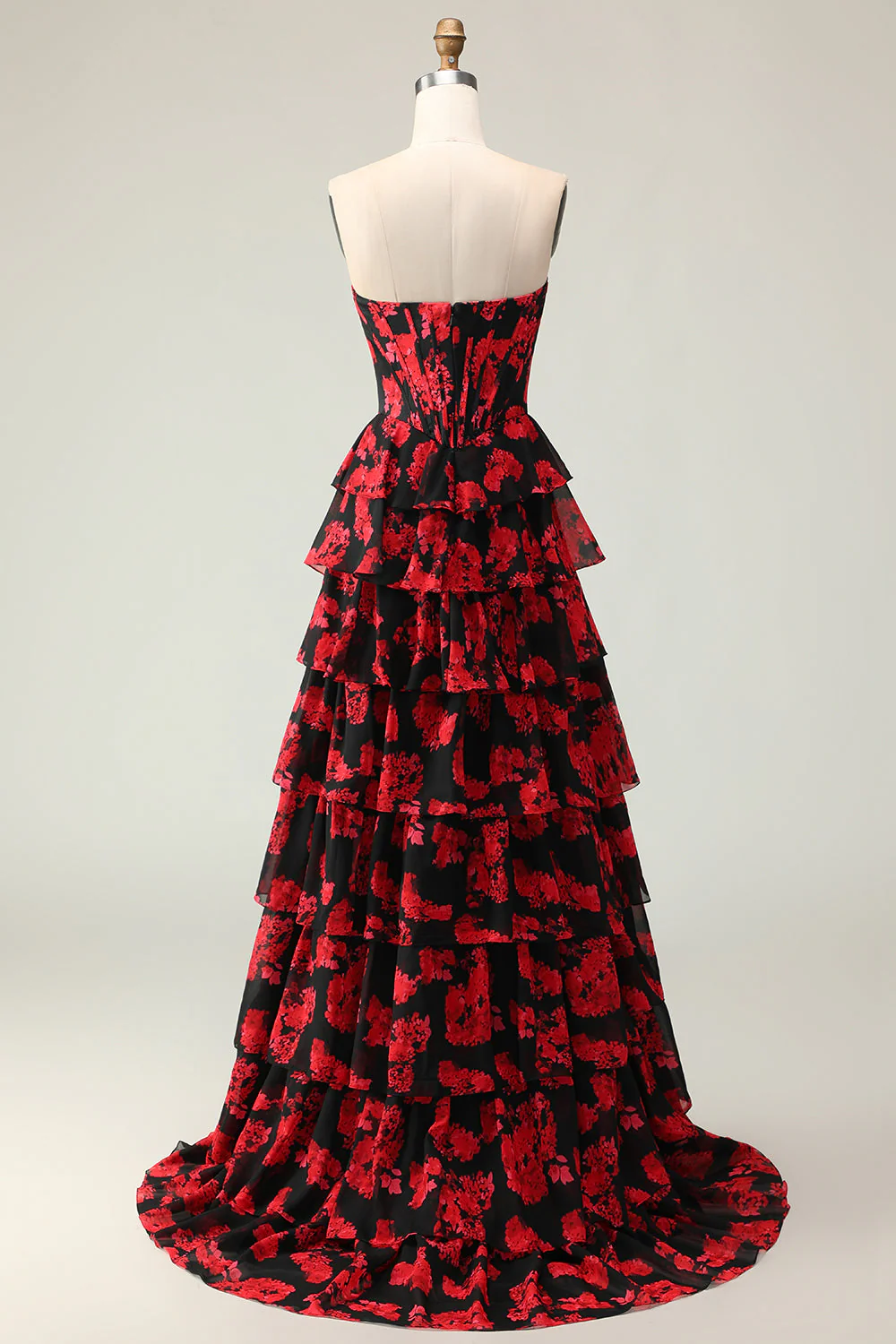 Black Red Flower A Line Sweetheart Corset Ruffled Long Prom Dress with Slit - Image 10