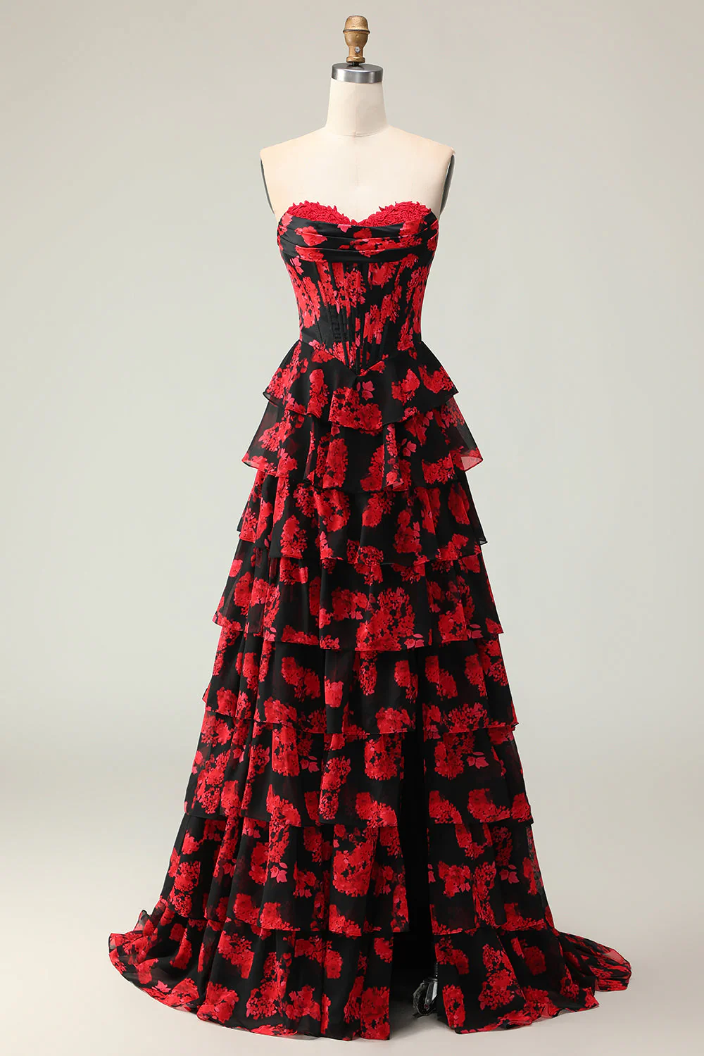 Black Red Flower A Line Sweetheart Corset Ruffled Long Prom Dress with Slit - Image 9