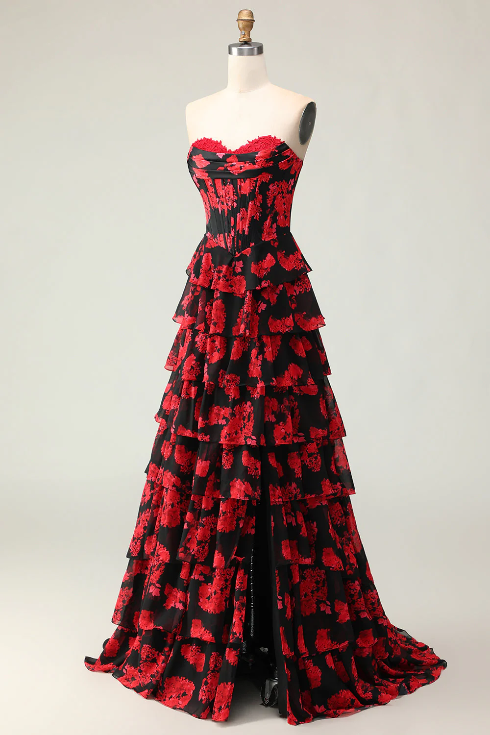 Black Red Flower A Line Sweetheart Corset Tiered Long Prom Dress with Slit - Image 3