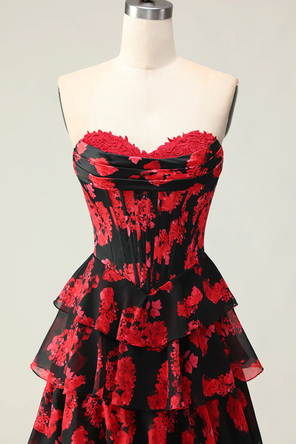 Black Red Flower A Line Sweetheart Corset Tiered Long Prom Dress with Slit - Image 4