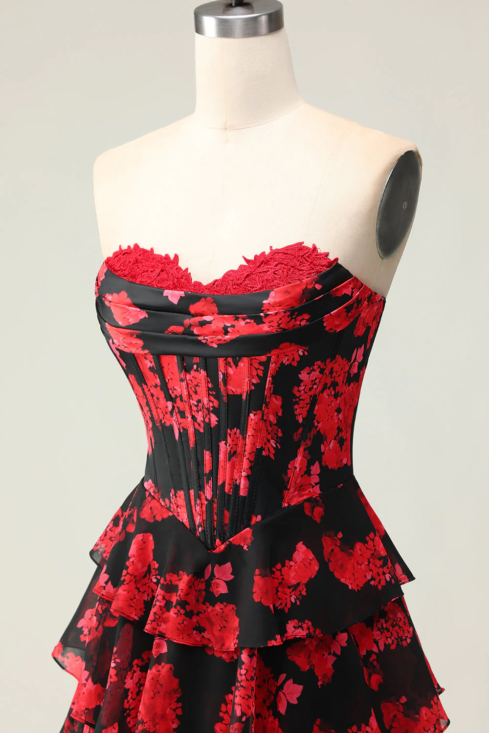 Black Red Flower A Line Sweetheart Corset Tiered Long Prom Dress with Slit - Image 5