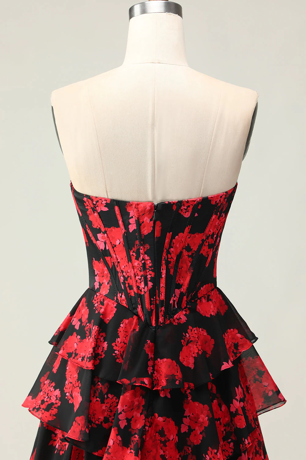Black Red Flower A Line Sweetheart Corset Tiered Long Prom Dress with Slit - Image 6