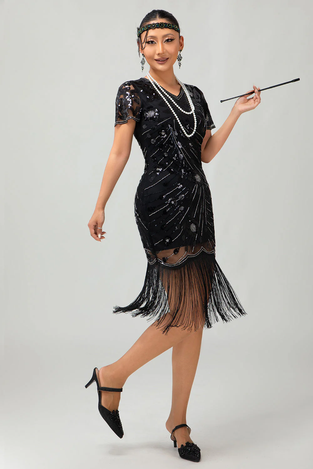 Black Red Fringed 1920s Sequin Flapper Dress - Image 15