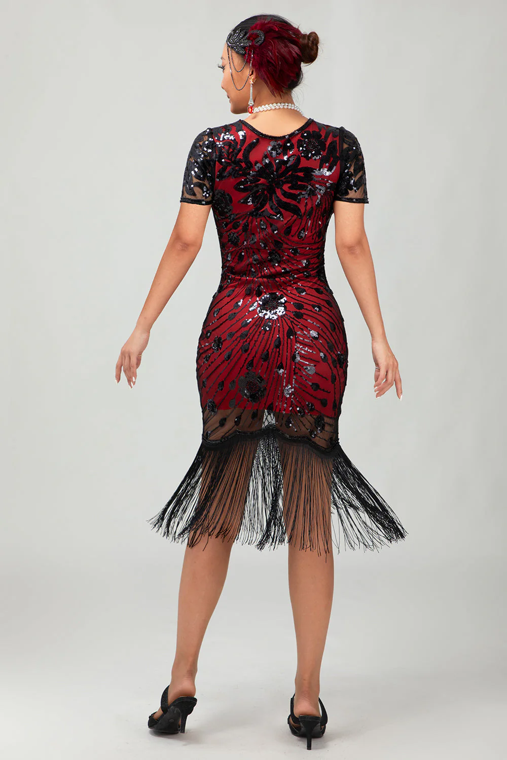 Black Red Fringed 1920s Sequin Flapper Dress - Image 2