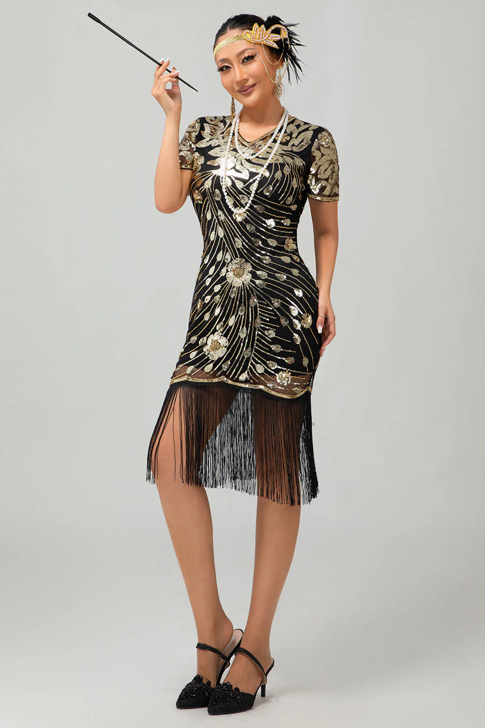 Black Red Fringed 1920s Sequin Flapper Dress - Image 23