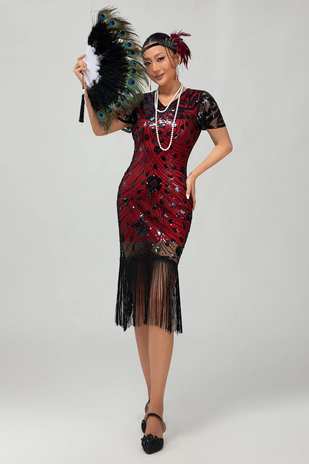 Black Red Fringed 1920s Sequin Flapper Dress - Image 3