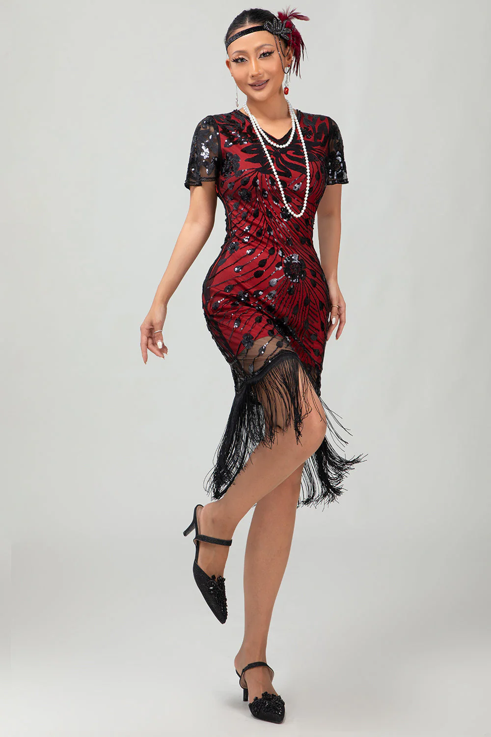 Black Red Fringed 1920s Sequin Flapper Dress - Image 6