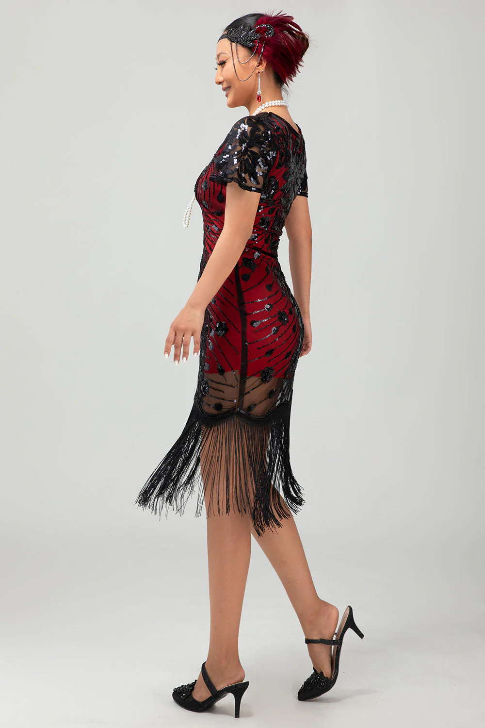 Black Red Fringed 1920s Sequin Flapper Dress - Image 8
