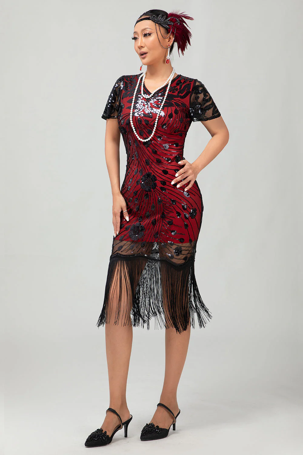 Black Red Fringed 1920s Sequin Flapper Dress - Image 9