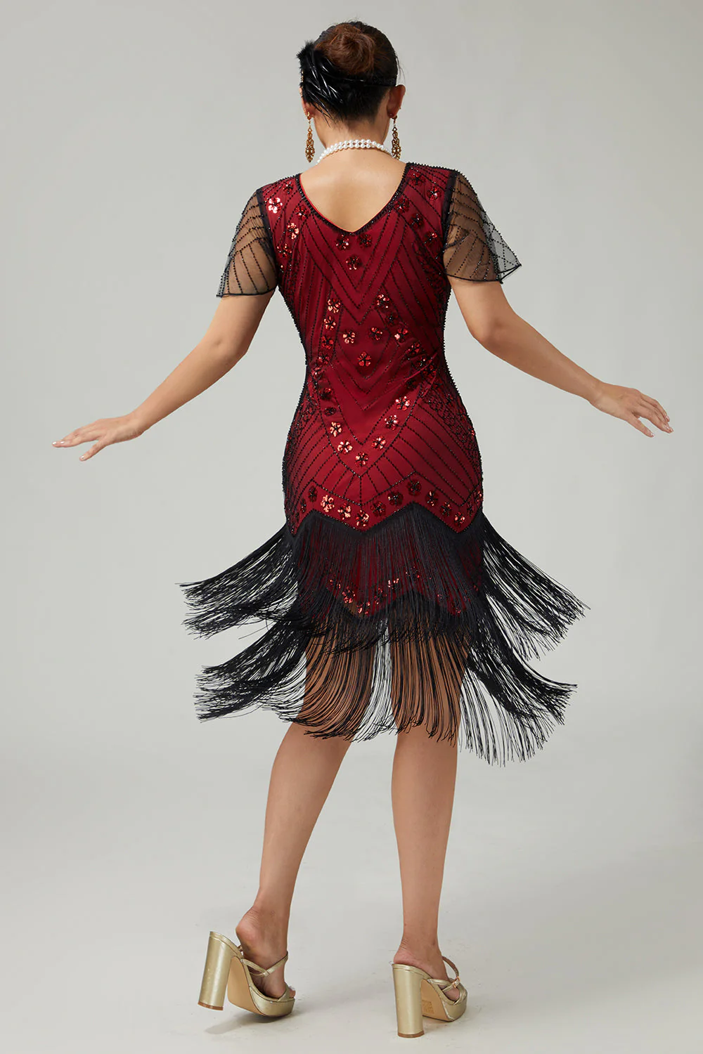 Black Red Fringed Bodycon Beaded 1920s Dress With 5-Piece Accessories Set - Image 2